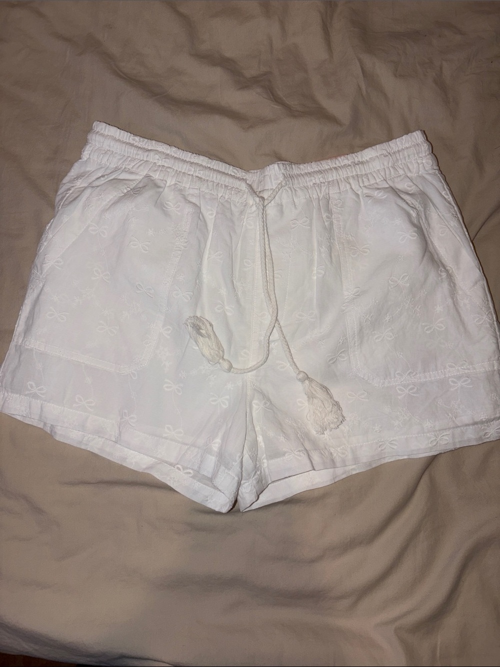 White Embroidered Drawstring Women’s Shorts cotton